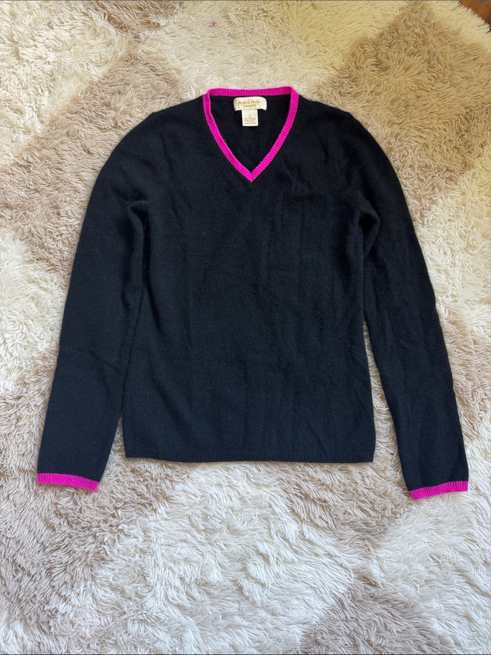 Peck & Peck Black V-Neck Sweater with Hot Pink Trim